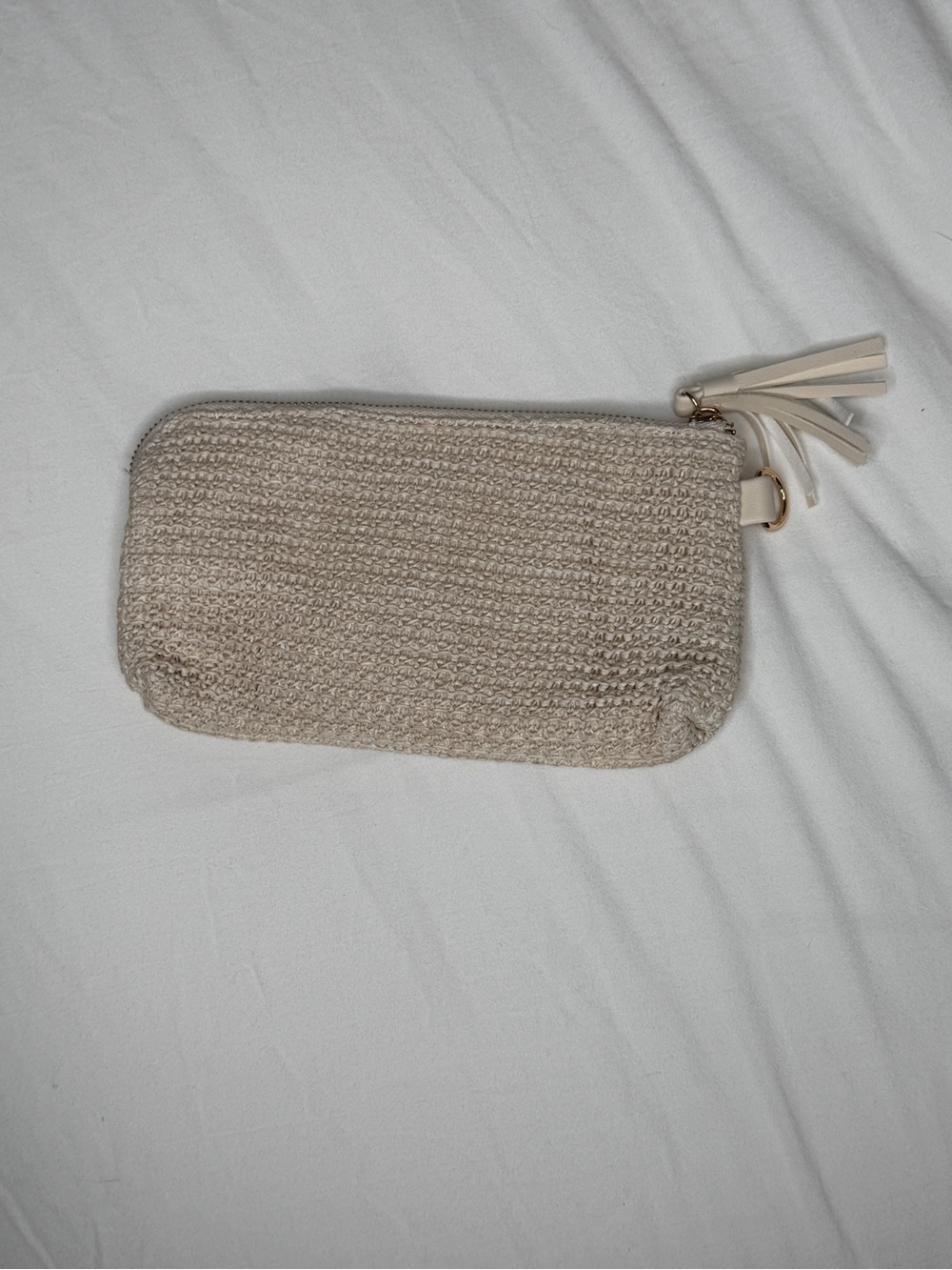 Neutral Woven Wristlet Clutch with Tassel